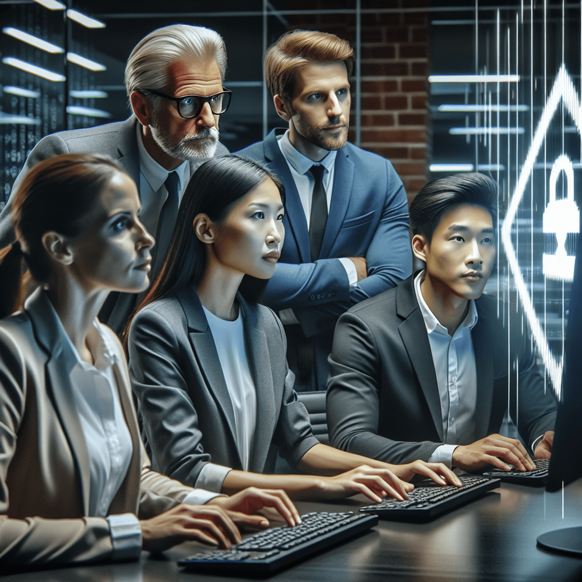 A diverse group of three professionals, including a Caucasian man, an Asian woman, and a Hispanic man, focuses intently on a computer screen displayin