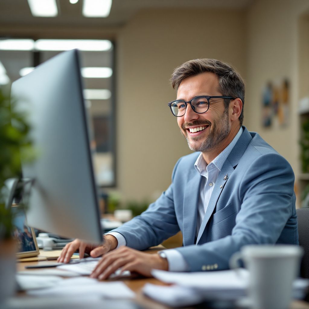 A man in a suit smiles at his computer