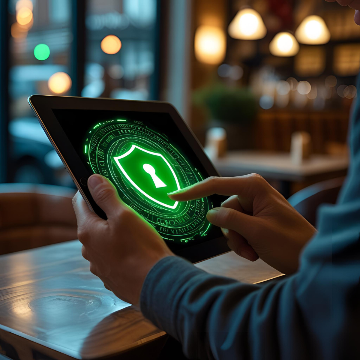 Person using a tablet with a glowing green cybersecurity shield interface in a modern café, symbolizing data protection, secure access, and digital privacy technology.