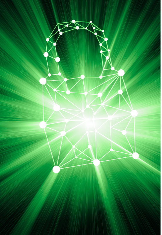 Digital padlock made of connected white nodes and lines glowing against a radiant green burst background, symbolizing cybersecurity, data protection, and secure network infrastructure.